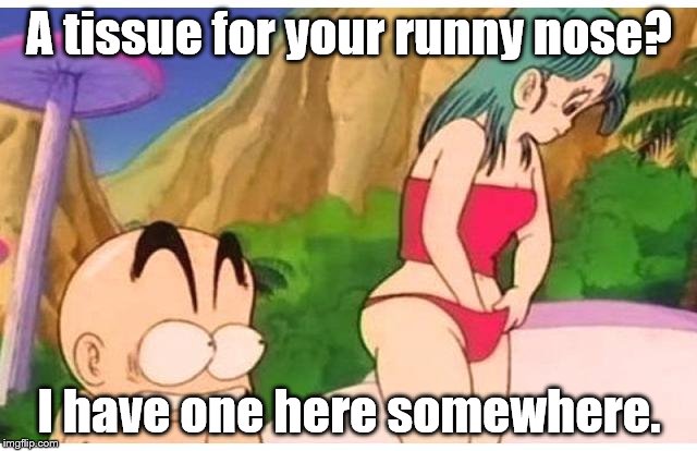 Never mind !  Forget I asked ! | A tissue for your runny nose? I have one here somewhere. | image tagged in funny meme | made w/ Imgflip meme maker