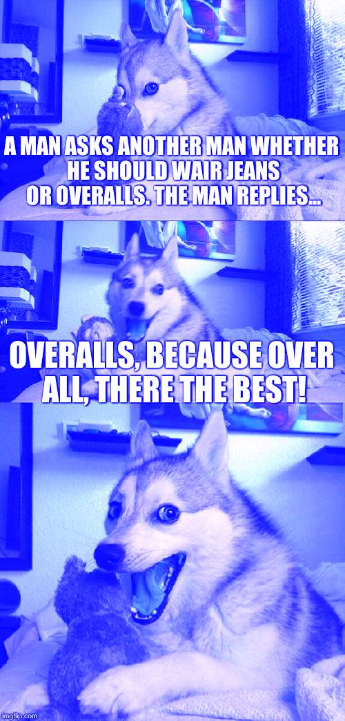 Bad Pun Dog | A MAN ASKS ANOTHER MAN WHETHER HE SHOULD WAIR JEANS OR OVERALLS. THE MAN REPLIES... OVERALLS, BECAUSE OVER ALL, THERE THE BEST! | image tagged in memes,bad pun dog | made w/ Imgflip meme maker