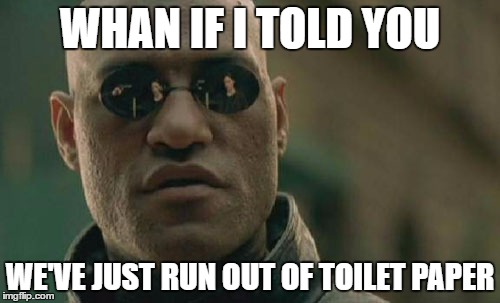Toilet paper | WHAN IF I TOLD YOU; WE'VE JUST RUN OUT OF TOILET PAPER | image tagged in memes,matrix morpheus,toilet paper | made w/ Imgflip meme maker
