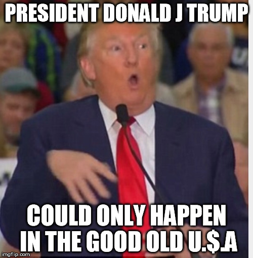 Donald Trump tho | PRESIDENT DONALD J TRUMP; COULD ONLY HAPPEN IN THE GOOD OLD U.$.A | image tagged in donald trump tho,ua | made w/ Imgflip meme maker