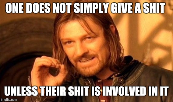 One doesn't care unless... | ONE DOES NOT SIMPLY GIVE A SHIT; UNLESS THEIR SHIT IS INVOLVED IN IT | image tagged in memes,one does not simply,funny,funny memes,lol,shit | made w/ Imgflip meme maker
