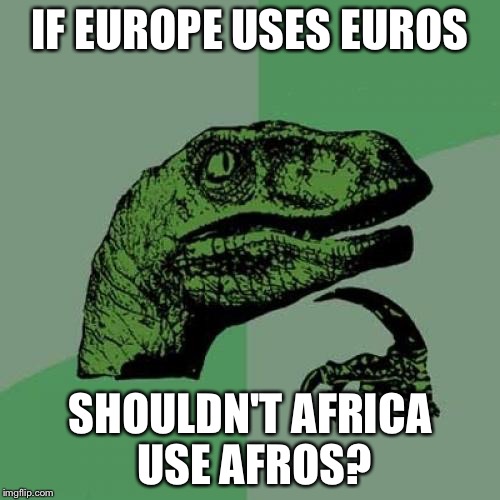 Philosoraptor | IF EUROPE USES EUROS; SHOULDN'T AFRICA USE AFROS? | image tagged in memes,philosoraptor,funny,gifs | made w/ Imgflip meme maker