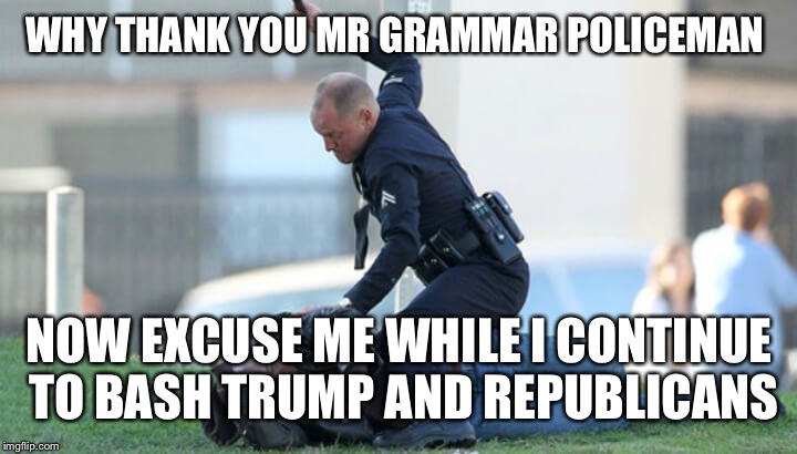 WHY THANK YOU MR GRAMMAR POLICEMAN NOW EXCUSE ME WHILE I CONTINUE TO BASH TRUMP AND REPUBLICANS | made w/ Imgflip meme maker
