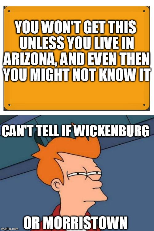 YOU WON'T GET THIS UNLESS YOU LIVE IN ARIZONA, AND EVEN THEN YOU MIGHT NOT KNOW IT; CAN'T TELL IF WICKENBURG; OR MORRISTOWN | image tagged in arizona,futurama fry,phoenix,wickenburg,morristown,congress arizona | made w/ Imgflip meme maker