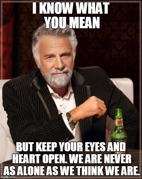 The Most Interesting Man In The World Meme | I KNOW WHAT YOU MEAN BUT KEEP YOUR EYES AND HEART OPEN. WE ARE NEVER AS ALONE AS WE THINK WE ARE. | image tagged in memes,the most interesting man in the world | made w/ Imgflip meme maker