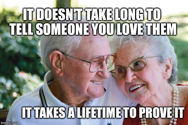 old couple | IT DOESN'T TAKE LONG TO TELL SOMEONE YOU LOVE THEM; IT TAKES A LIFETIME TO PROVE IT | image tagged in old couple | made w/ Imgflip meme maker