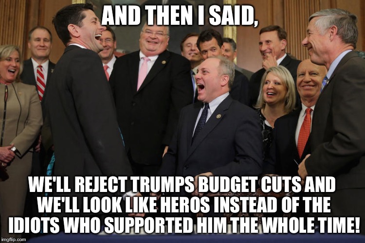 Laughing Republicans 2.0 | AND THEN I SAID, WE'LL REJECT TRUMPS BUDGET CUTS AND WE'LL LOOK LIKE HEROS INSTEAD OF THE IDIOTS WHO SUPPORTED HIM THE WHOLE TIME! | image tagged in laughing republicans 20 | made w/ Imgflip meme maker