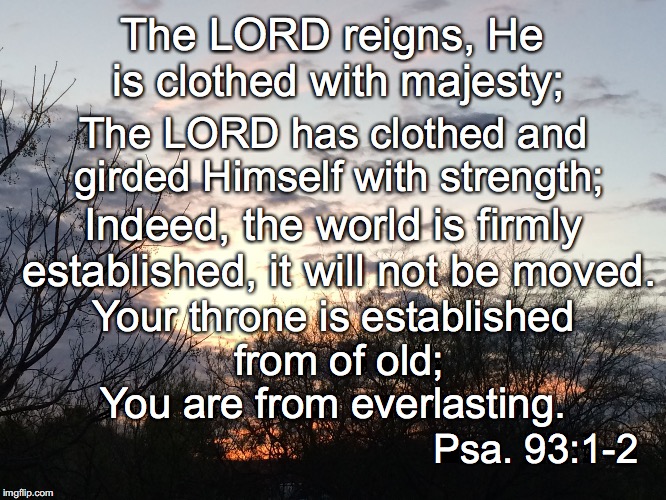 The LORD reigns, He is clothed with majesty;; The LORD has clothed and girded Himself with strength;; Indeed, the world is firmly established, it will not be moved. Your throne is established from of old;; You are from everlasting. Psa. 93:1-2 | image tagged in reign | made w/ Imgflip meme maker