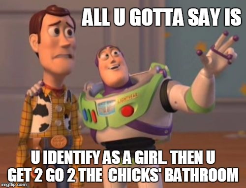 Gender Identification Made Siumple | ALL U GOTTA SAY IS; U IDENTIFY AS A GIRL. THEN U GET 2 GO 2 THE  CHICKS' BATHROOM | image tagged in transgender bathroom,gender confusion,vince vance,though a male i identify as female,x x everywhere | made w/ Imgflip meme maker