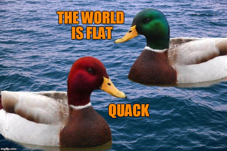 When a duck is a quack. | THE WORLD IS FLAT; QUACK | image tagged in good duck/bad duck,crazy duck | made w/ Imgflip meme maker