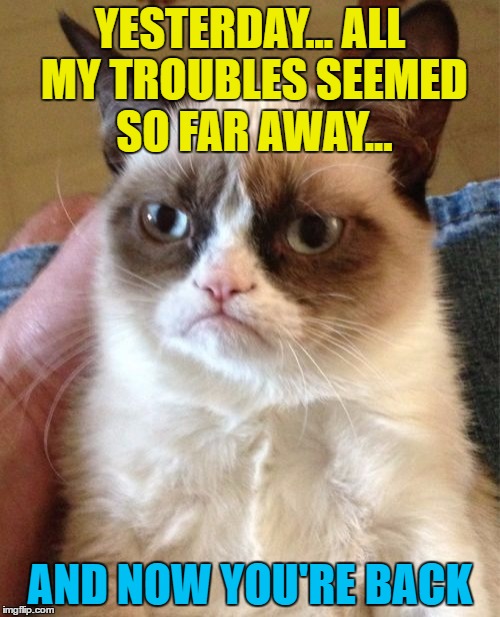 Grumpy Cat is not a Beatles fan. Or a people fan. | YESTERDAY... ALL MY TROUBLES SEEMED SO FAR AWAY... AND NOW YOU'RE BACK | image tagged in memes,grumpy cat,the beatles,yesterday,music | made w/ Imgflip meme maker