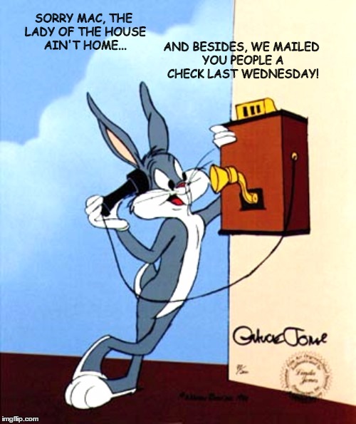 Bugs Bunny on Telemarketers | AND BESIDES, WE MAILED YOU PEOPLE A CHECK LAST WEDNESDAY! SORRY MAC, THE LADY OF THE HOUSE AIN'T HOME... | image tagged in chuck norris telemarketing,telemarketer,bugs bunny,funny | made w/ Imgflip meme maker