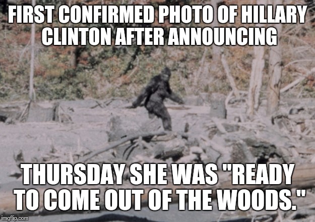 FIRST CONFIRMED PHOTO OF HILLARY CLINTON AFTER ANNOUNCING; THURSDAY SHE WAS "READY TO COME OUT OF THE WOODS." | image tagged in hillary clinton | made w/ Imgflip meme maker