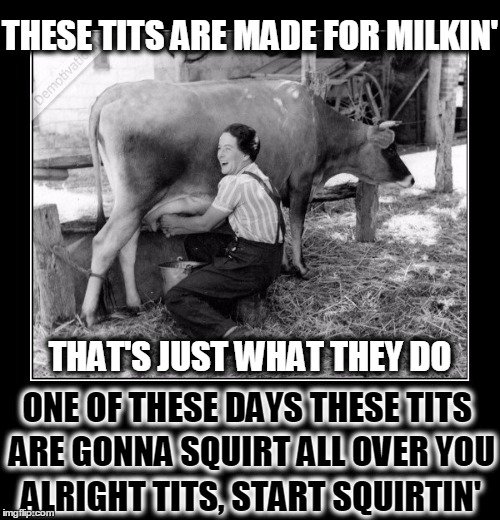 Songs to Parody While Farming | THESE TITS ARE MADE FOR MILKIN'; THAT'S JUST WHAT THEY DO; ONE OF THESE DAYS THESE TITS; ARE GONNA SQUIRT ALL OVER YOU; ALRIGHT TITS, START SQUIRTIN' | image tagged in vince vance,these boots are made for walkin',nancy sinatra,farming,milking a cow,farm chores | made w/ Imgflip meme maker