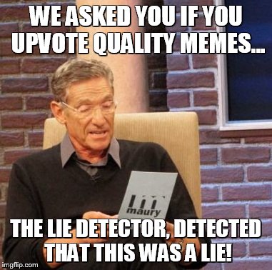 Maury Lie Detector Meme |  WE ASKED YOU IF YOU UPVOTE QUALITY MEMES... THE LIE DETECTOR, DETECTED THAT THIS WAS A LIE! | image tagged in memes,maury lie detector | made w/ Imgflip meme maker