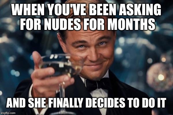 Leonardo Dicaprio Cheers | WHEN YOU'VE BEEN ASKING  FOR NUDES FOR MONTHS; AND SHE FINALLY DECIDES TO DO IT | image tagged in memes,leonardo dicaprio cheers | made w/ Imgflip meme maker