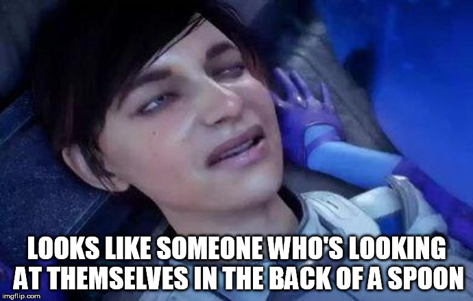 Ryder | LOOKS LIKE SOMEONE WHO'S LOOKING AT THEMSELVES IN THE BACK OF A SPOON | image tagged in mass effect andromeda | made w/ Imgflip meme maker