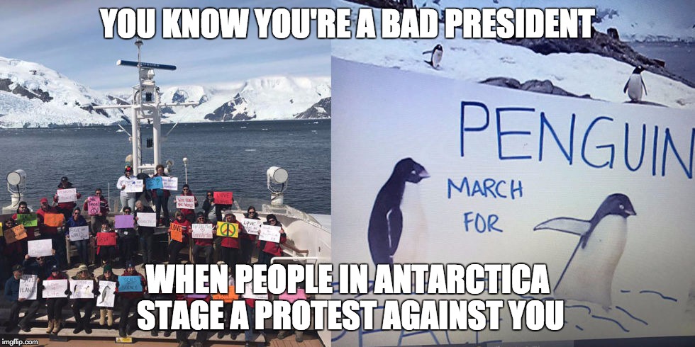 Just give up, Trump. Just resign. | YOU KNOW YOU'RE A BAD PRESIDENT; WHEN PEOPLE IN ANTARCTICA STAGE A PROTEST AGAINST YOU | image tagged in anti-trump protests antarctica,dumptrump,donald trump,trump | made w/ Imgflip meme maker