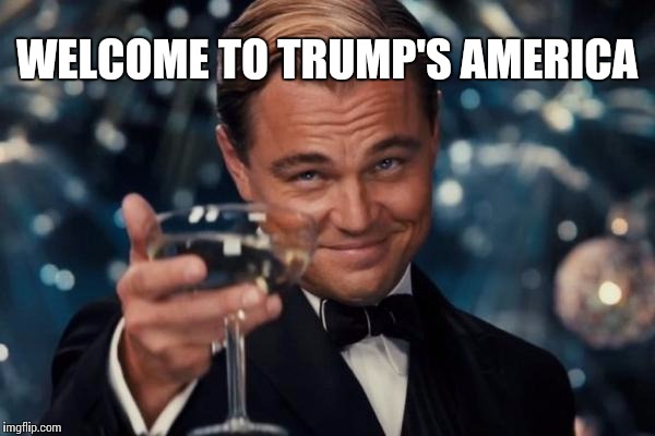 Leonardo Dicaprio Cheers Meme | WELCOME TO TRUMP'S AMERICA | image tagged in memes,leonardo dicaprio cheers | made w/ Imgflip meme maker