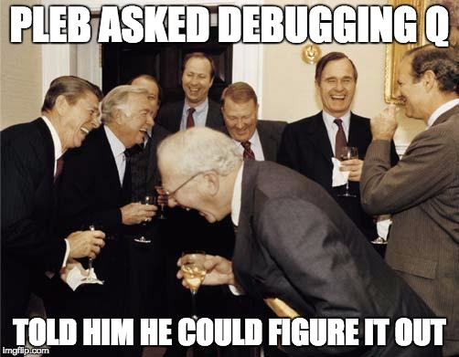 Republicans laughing | PLEB ASKED DEBUGGING Q; TOLD HIM HE COULD FIGURE IT OUT | image tagged in republicans laughing | made w/ Imgflip meme maker