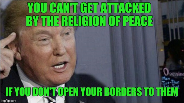 Think about it | YOU CAN'T GET ATTACKED BY THE RELIGION OF PEACE; IF YOU DON'T OPEN YOUR BORDERS TO THEM | image tagged in roll safe trump edition,borders,radical islam,islamic terrorism,terrorism | made w/ Imgflip meme maker