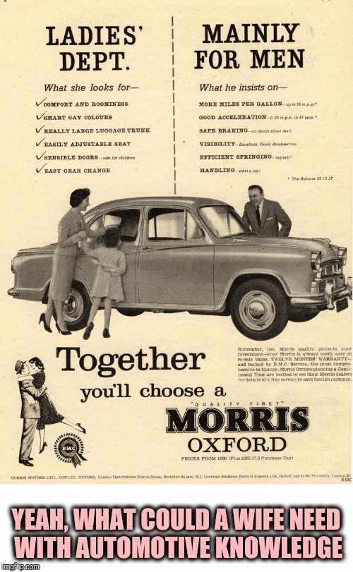 Nothing like old sexist ads. Old Ad Week | YEAH, WHAT COULD A WIFE NEED WITH AUTOMOTIVE KNOWLEDGE | image tagged in old ad week,swiggys-back,sexist cat ads | made w/ Imgflip meme maker