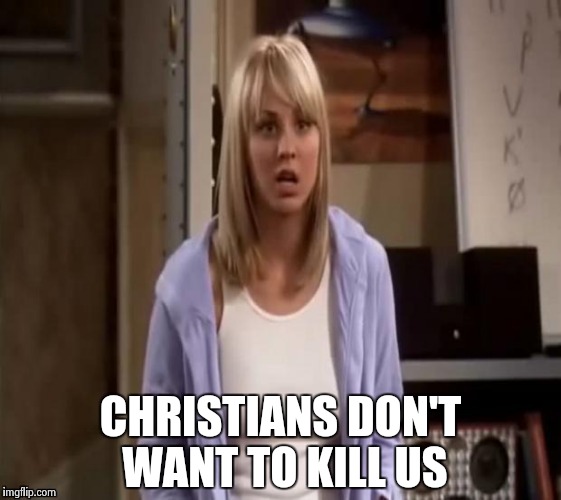 Confused Penny | CHRISTIANS DON'T WANT TO KILL US | image tagged in confused penny | made w/ Imgflip meme maker