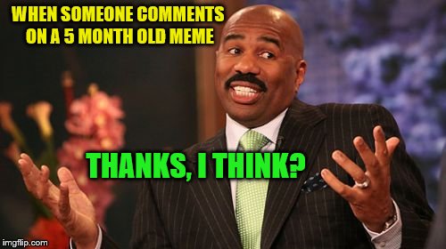 Up-votes on old memes are like residuals for a 40 year old song | WHEN SOMEONE COMMENTS ON A 5 MONTH OLD MEME; THANKS, I THINK? | image tagged in memes,steve harvey | made w/ Imgflip meme maker