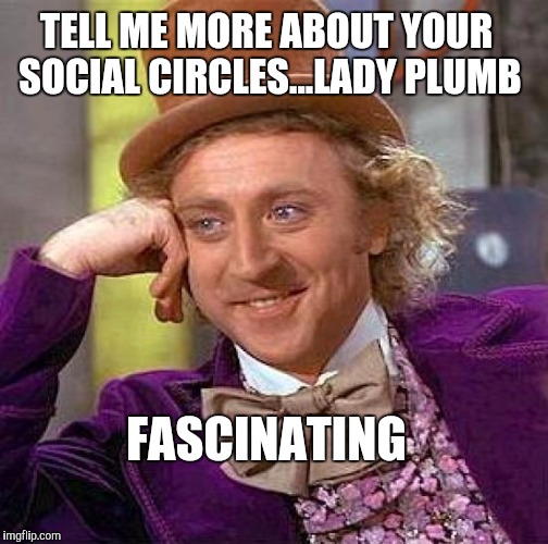 Creepy Condescending Wonka Meme | TELL ME MORE ABOUT YOUR SOCIAL CIRCLES...LADY PLUMB; FASCINATING | image tagged in memes,creepy condescending wonka | made w/ Imgflip meme maker