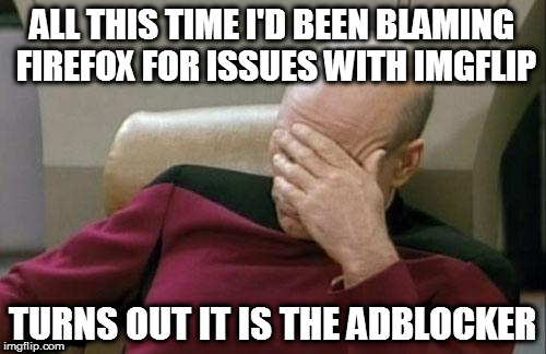 Ublock, utwit | ALL THIS TIME I'D BEEN BLAMING FIREFOX FOR ISSUES WITH IMGFLIP; TURNS OUT IT IS THE ADBLOCKER | image tagged in memes,captain picard facepalm,adblock,fail,internet,tags | made w/ Imgflip meme maker