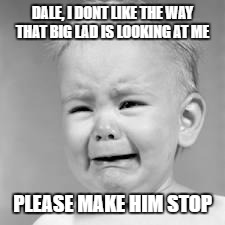 baby crying | DALE, I DONT LIKE THE WAY THAT BIG LAD IS LOOKING AT ME; PLEASE MAKE HIM STOP | image tagged in baby crying | made w/ Imgflip meme maker