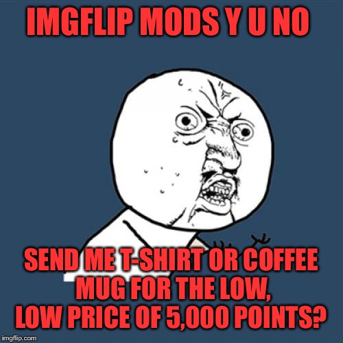Y U No | IMGFLIP MODS Y U NO; SEND ME T-SHIRT OR COFFEE MUG FOR THE LOW, LOW PRICE OF 5,000 POINTS? | image tagged in memes,y u no | made w/ Imgflip meme maker