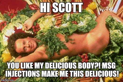 Richard Simmons | HI SCOTT; YOU LIKE MY DELICIOUS BODY?! MSG INJECTIONS MAKE ME THIS DELICIOUS! | image tagged in richard simmons | made w/ Imgflip meme maker