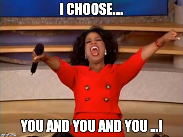 Oprah You Get A | I CHOOSE.... YOU AND YOU AND YOU ...! | image tagged in memes,oprah you get a | made w/ Imgflip meme maker