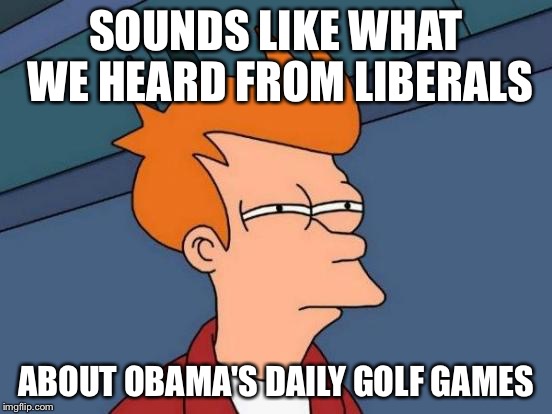 Futurama Fry Meme | SOUNDS LIKE WHAT WE HEARD FROM LIBERALS ABOUT OBAMA'S DAILY GOLF GAMES | image tagged in memes,futurama fry | made w/ Imgflip meme maker