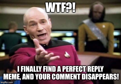 Picard Wtf Meme | WTF?! I FINALLY FIND A PERFECT REPLY MEME, AND YOUR COMMENT DISAPPEARS! | image tagged in memes,picard wtf | made w/ Imgflip meme maker