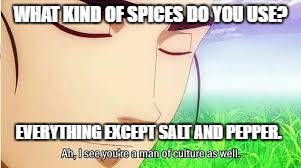 Ah,I see you are a man of culture as well | WHAT KIND OF SPICES DO YOU USE? EVERYTHING EXCEPT SALT AND PEPPER. | image tagged in ah i see you are a man of culture as well | made w/ Imgflip meme maker