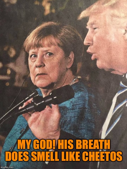 My God! | MY GOD! HIS BREATH DOES SMELL LIKE CHEETOS | image tagged in angela merkel,donald trump,cheetos,president,speech,germany | made w/ Imgflip meme maker