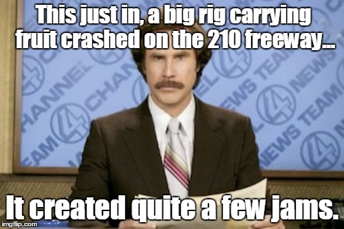 Ron Burgundy Meme | This just in, a big rig carrying fruit crashed on the 210 freeway... It created quite a few jams. | image tagged in memes,ron burgundy | made w/ Imgflip meme maker