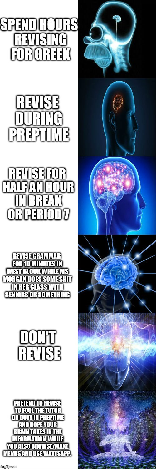 Expanding Brain | SPEND HOURS REVISING FOR GREEK; REVISE DURING PREPTIME; REVISE FOR HALF AN HOUR IN BREAK OR PERIOD 7; REVISE GRAMMAR FOR 10 MINUTES IN WEST BLOCK WHILE MS MORGAN DOES SOME SHIT IN HER CLASS WITH SENIORS OR SOMETHING; DON'T REVISE; PRETEND TO REVISE TO FOOL THE TUTOR ON DUTY IN PREPTIME AND HOPE YOUR BRAIN TAKES IN THE INFORMATION, WHILE YOU ALSO BROWSE/MAKE MEMES AND USE WATTSAPP. | image tagged in expanding brain | made w/ Imgflip meme maker