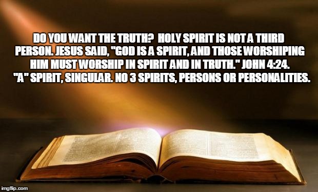 Bible  | DO YOU WANT THE TRUTH?  HOLY SPIRIT IS NOT A THIRD PERSON. JESUS SAID, "GOD IS A SPIRIT, AND THOSE WORSHIPING HIM MUST WORSHIP IN SPIRIT AND IN TRUTH." JOHN 4:24.  
"A" SPIRIT, SINGULAR. NO 3 SPIRITS, PERSONS OR PERSONALITIES. | image tagged in bible | made w/ Imgflip meme maker