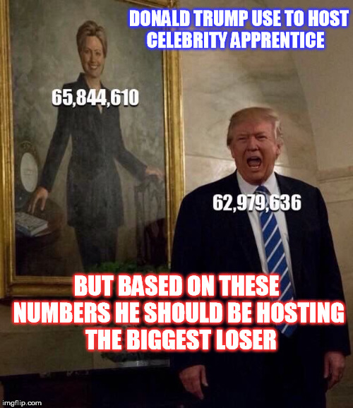  The Electoral college Epic Fail  | DONALD TRUMP USE TO HOST CELEBRITY APPRENTICE; BUT BASED ON THESE NUMBERS HE SHOULD BE HOSTING  THE BIGGEST LOSER | image tagged in donald trump,hillary clinton,popular vote | made w/ Imgflip meme maker