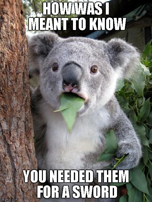 Surprised Koala | HOW WAS I MEANT TO KNOW; YOU NEEDED THEM FOR A SWORD | image tagged in memes,surprised koala | made w/ Imgflip meme maker