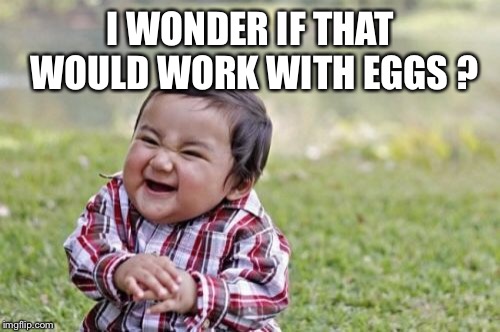 Evil Toddler Meme | I WONDER IF THAT WOULD WORK WITH EGGS ? | image tagged in memes,evil toddler | made w/ Imgflip meme maker