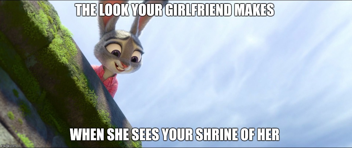 Judy can't unsee | THE LOOK YOUR GIRLFRIEND MAKES; WHEN SHE SEES YOUR SHRINE OF HER | image tagged in judy hopps on bridge,zootopia,memes,funny,judy hopps | made w/ Imgflip meme maker