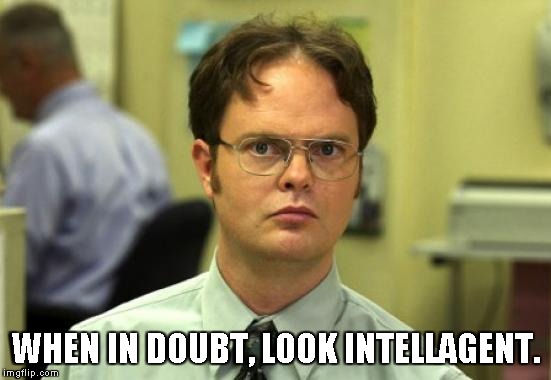 Dwight Schrute | WHEN IN DOUBT, LOOK INTELLAGENT. | image tagged in memes,dwight schrute | made w/ Imgflip meme maker
