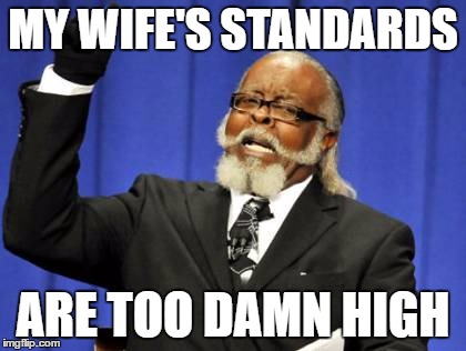 Too Damn High Meme | MY WIFE'S STANDARDS; ARE TOO DAMN HIGH | image tagged in memes,too damn high | made w/ Imgflip meme maker