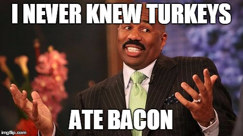 Steve Harvey Meme | I NEVER KNEW TURKEYS ATE BACON | image tagged in memes,steve harvey | made w/ Imgflip meme maker