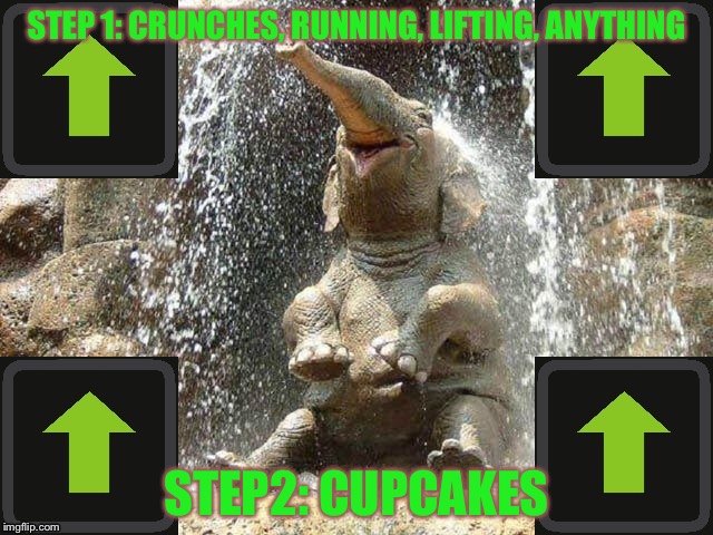 Upvote Elephant | STEP 1: CRUNCHES, RUNNING, LIFTING, ANYTHING STEP2: CUPCAKES | image tagged in upvote elephant | made w/ Imgflip meme maker