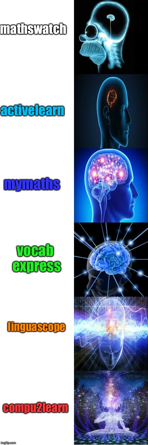 Expanding Brain | mathswatch; activelearn; mymaths; vocab express; linguascope; compu2learn | image tagged in expanding brain | made w/ Imgflip meme maker